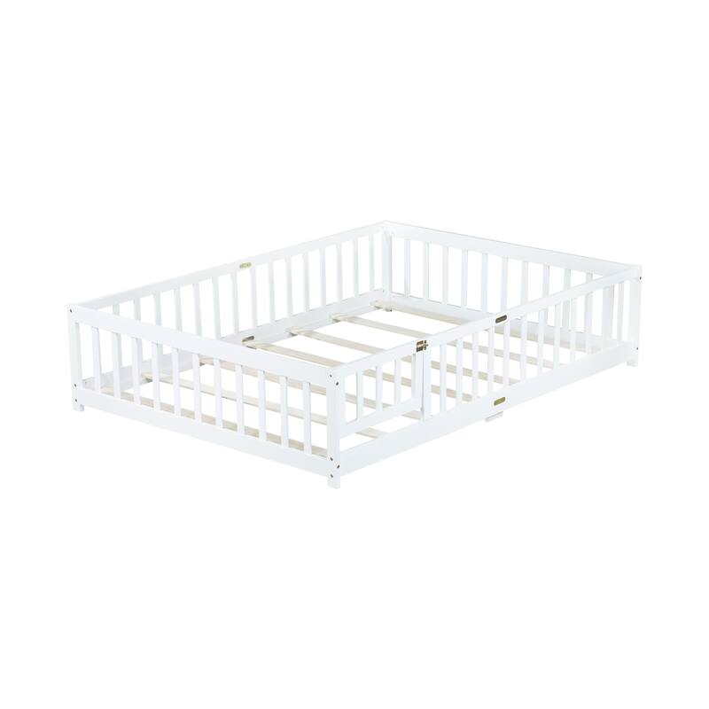 Full Size Floor Bed with Fence and Door, Rubber Wood Floor Bed with Safety Guardrails