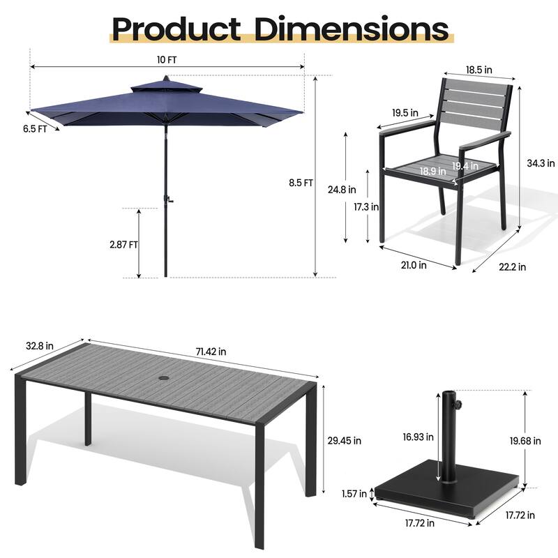 9-Piece Outdoor Patio Dining Set Wood Like Aluminum Umbrella Hole Table with Stackable Armchairs, Market Umbrella and Base