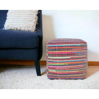 Red and Black Cotton Cube Ottoman Footrest Pouf Seat 18 Inch Striped