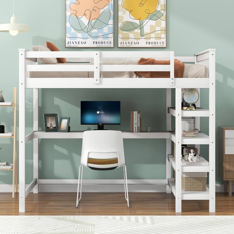 Full/Twin Loft Bed with Integrated Desk and Shelves, Space-Saving Wooden Frame, Durable Pine Wood and MDF, Guardrails Included