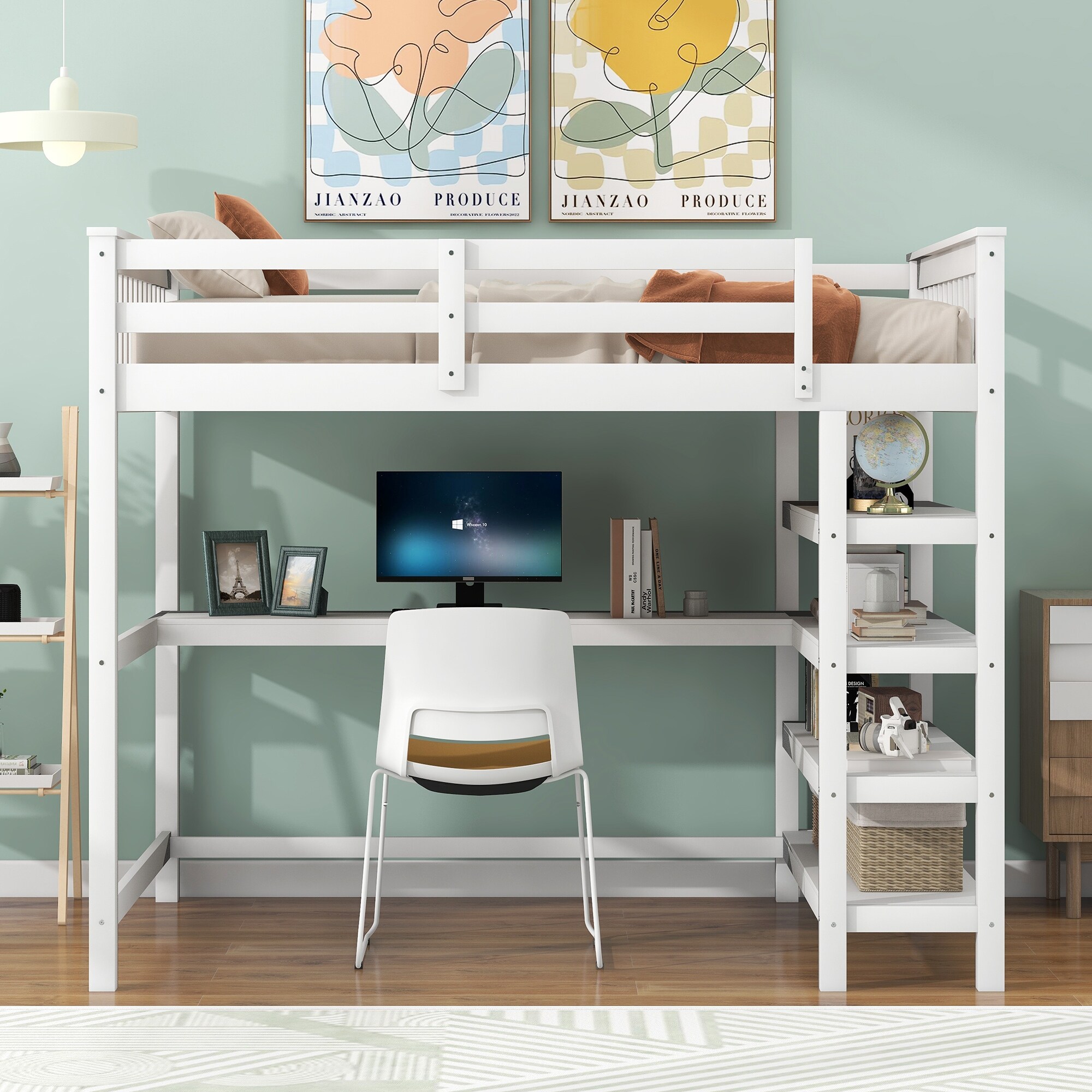 Space-Saving Loft Bed with Storage Shelves and Desk, Solid Wood Loft Bed Frame with Ladder and Guardrail for Kids Teens Adults
