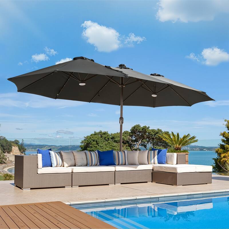 XIZZI Outdoor Patio Umbrella with Solar LED Lights and Base - Dark Grey - Warm Light