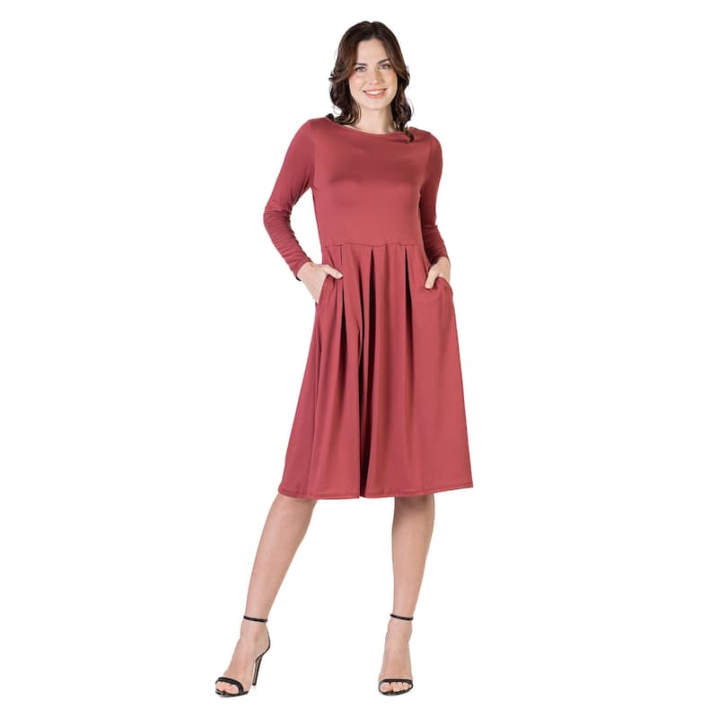 24seven Comfort Apparel Midi Length Fit N Flare Pocket Dress - Brown - S
