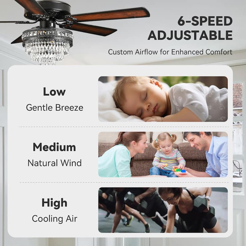 52" or 62" Crystal Ceiling Fan with Lights, Chandelier Ceiling Fans Lights with 6-Speed, APP Control, Dimmable, Timer