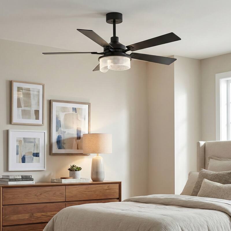 52" Modern Black Reversible 5 Blades Dimmable LED Ceiling Fan with Light and Remote