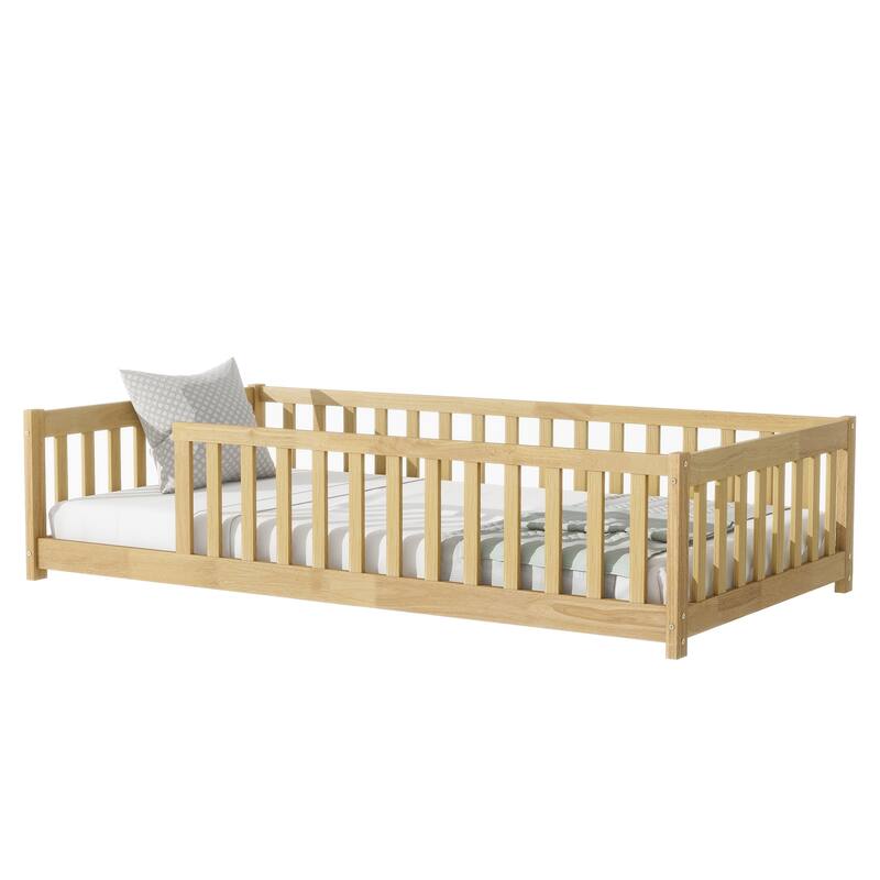 Wooden Twin Size Floor Bed with Slat Support, Rubber Wood Twin Floor Platform Bed Frame with Full Surrounding High Fence