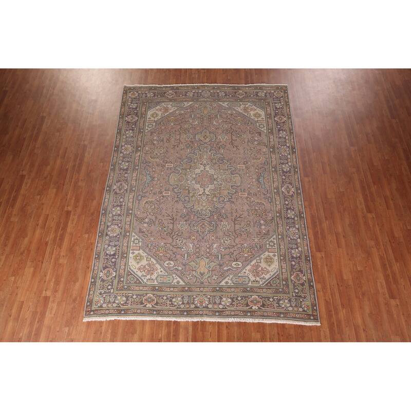 Traditional Tabriz Persian Vintage Rug Hand-Knotted Brown Wool Carpet - 7'6"x 11'1"