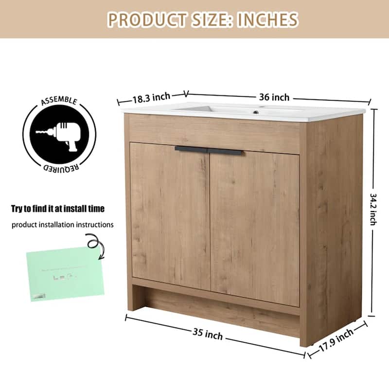 Malwee 24"/30"/36" FreeStanding Bathroom Vanity, Floor Stand Bathroom Vanity with Sink,Soft Close Door and Adjustable shelf