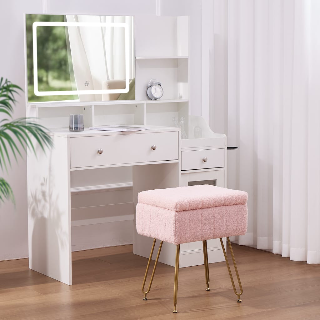 Teddy Vanity Stool with Storage, Upholstered Lift-Top Ottoman Seat