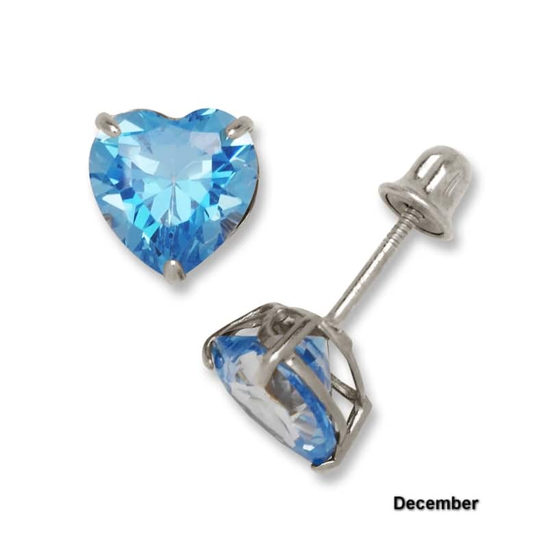 14K White Gold 6mm Heart-shaped Cubic Zircornia Birthstone Basket-Set Solitaire Screw-back Stud Earrings (12 colors)