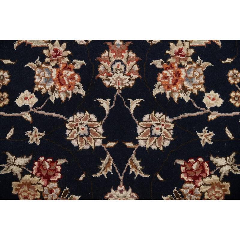 Hand Knotted Oriental Wool & Silk Carpet Traditional Floral Navy Blue & Blues Tabriz Area Rug - 4' 11'' X 3' 1''