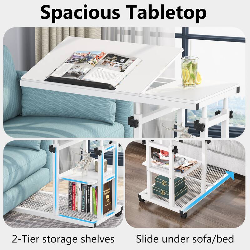 Height Adjustable C Table with Wheels, Laptop Table for Sofa Couch Bedside