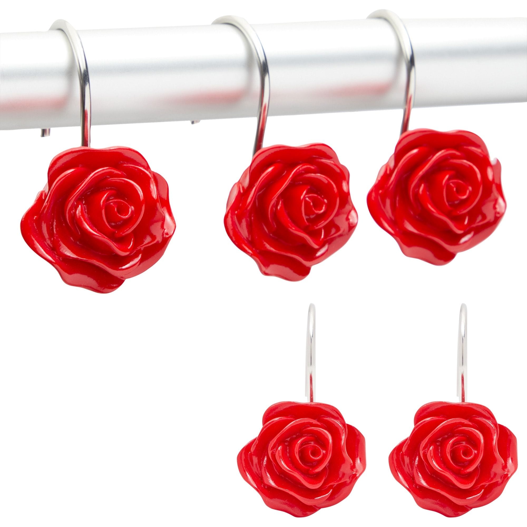 Red Rose Shower Curtain Hooks, Flower Bathroom Decor (Stainless