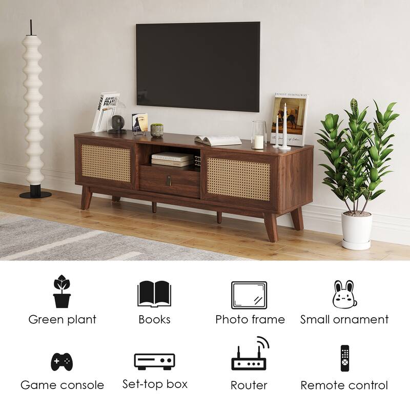 Rattan TV Stand for TVs, Wood TV Stand Mid Century Modern TV Stand TV Media Console with Drawer and 2 Cabinets