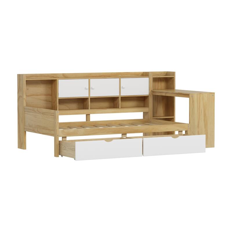 Twin/Full Size Wooden L-Shape Daybed with Cabinets and Drawers, Multi-functional Bed Frame with Desk and Bookshelf