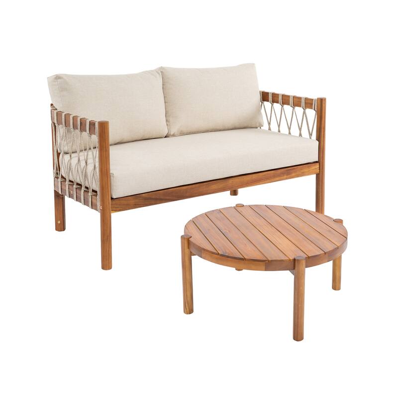 Scott Living Coastal Haven Outdoor Loveseat and Coffee Table Set Acacia Wood with Beige Cushions