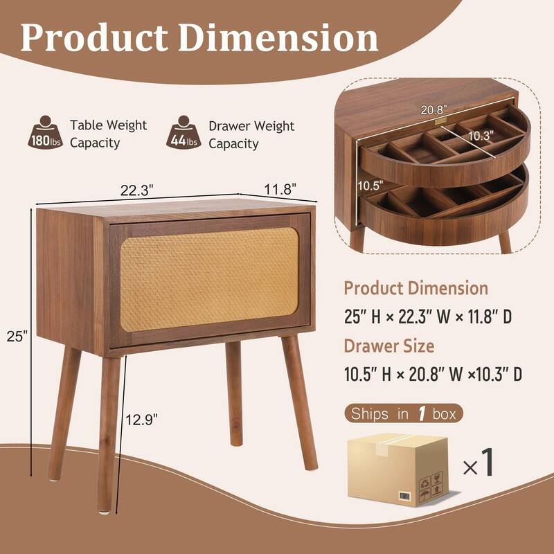 Mid-Century Modern Rattan Nightstand with Rotating Hidden Compartment and Wood Legs
