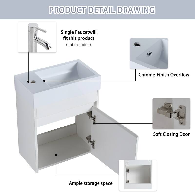 Bathroom Vanity With Sink In 16/18/23 Inch, Floating/Freestanding Bathroom Vanity With Soft Close Door
