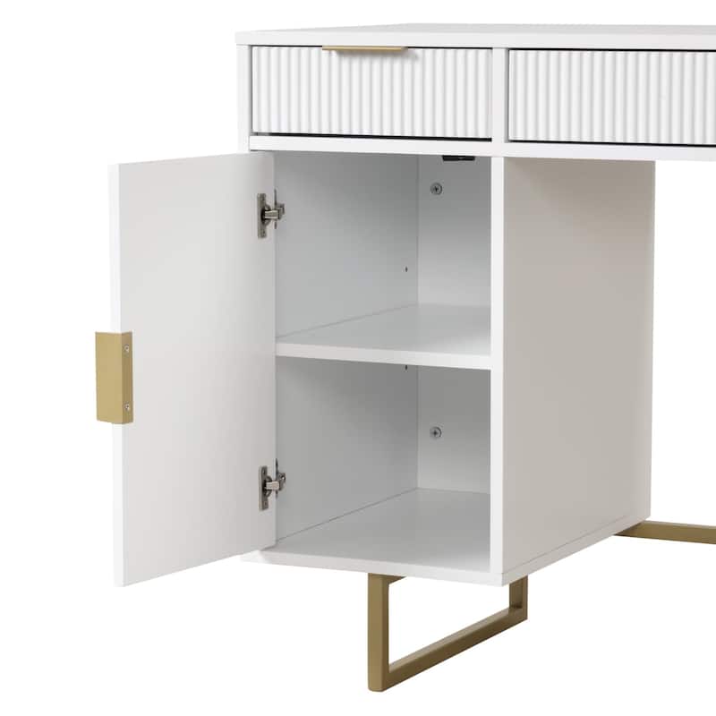Jacklyn White Modern Computer Desk, Workstation or Writing Desk for Small Spaces with Drawers and Cabinet Storage