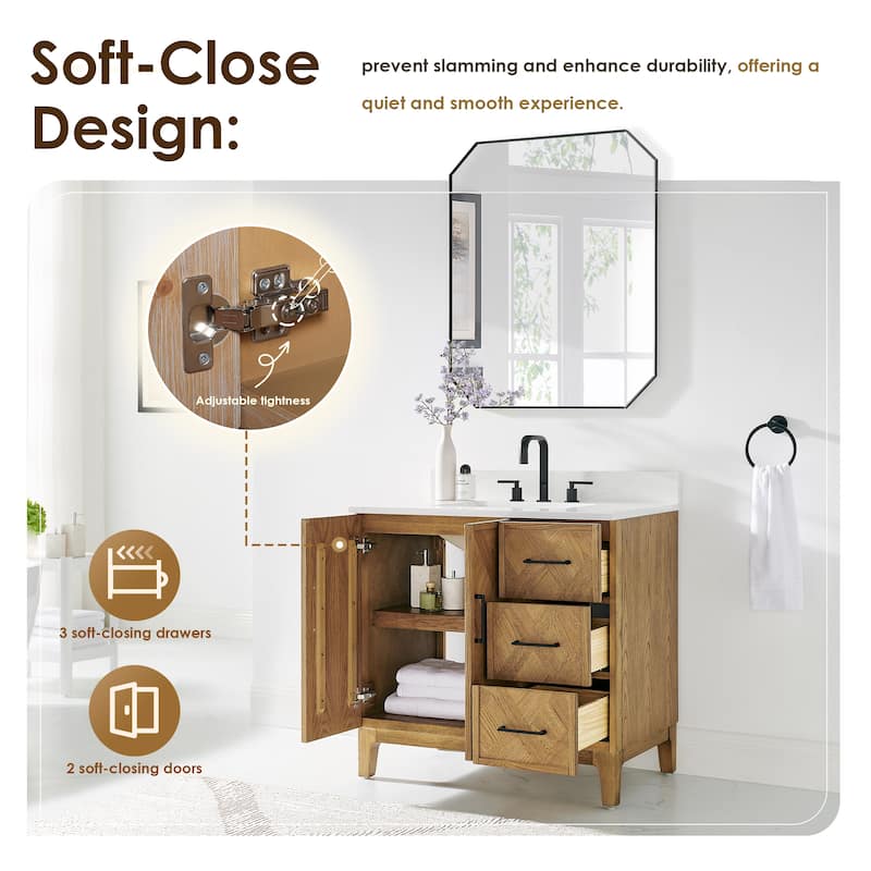 Clara Bathroom Vanity in Weathered Brown with Calacatta Truffle White Quartz Countertop No Mirror
