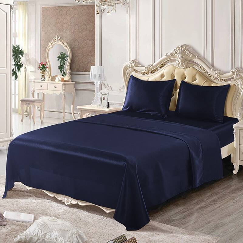 Silky Satin Bed Sheets Set Pillowcase Deep Pocket Flat Fitted Sheet