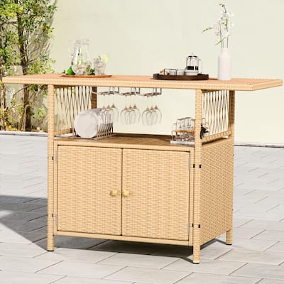 Moasis Outdoor Storage Cabinet Patio Wicker Bar Counter Backyard Furniture w/Plastic Wood Tabletop - 50.4"L x20.9"W x 33.9"H