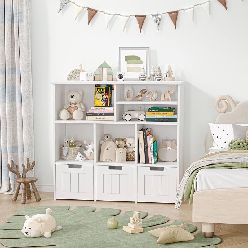 Toy Storage Organizerwith Hidden Wheels, Kids Bookshelf Floor Toy Storage Cabinet, 3 Movable Drawers