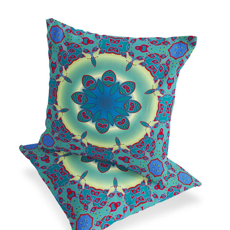 HomeRoots Set of Two 16" X 16" Green and Red Blown Seam Floral Indoor Outdoor Throw Pillow - 16.00' X '16.00' X '5.00