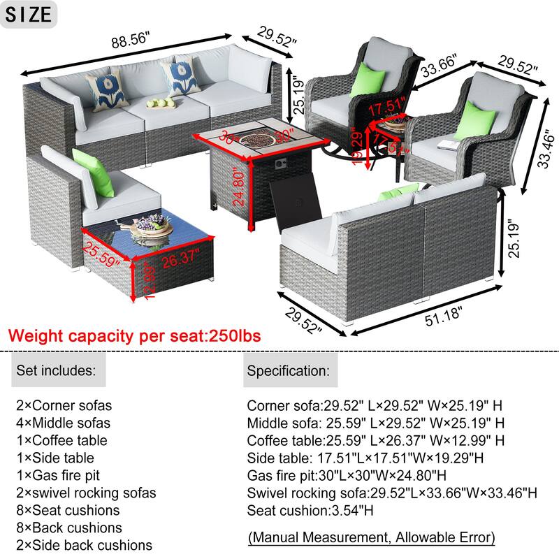 OVIOS 11-Piece Low-profile Swivel Chair Fire Table Outdoor Patio Furniture Set