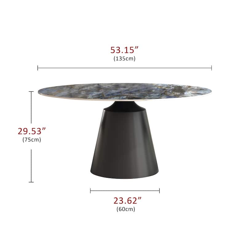 Modern Round Rock Slabs Black Titanium Stainless Steel Pedestal Dining Table - 4 Seats - Blue