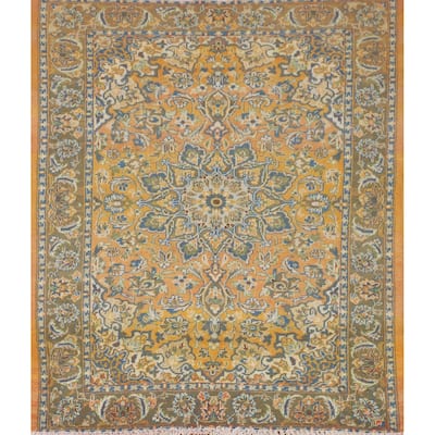 Floral Kashan Persian Vintage Area Rug Hand-Knotted Wool Carpet - 4'8" x 5'6"