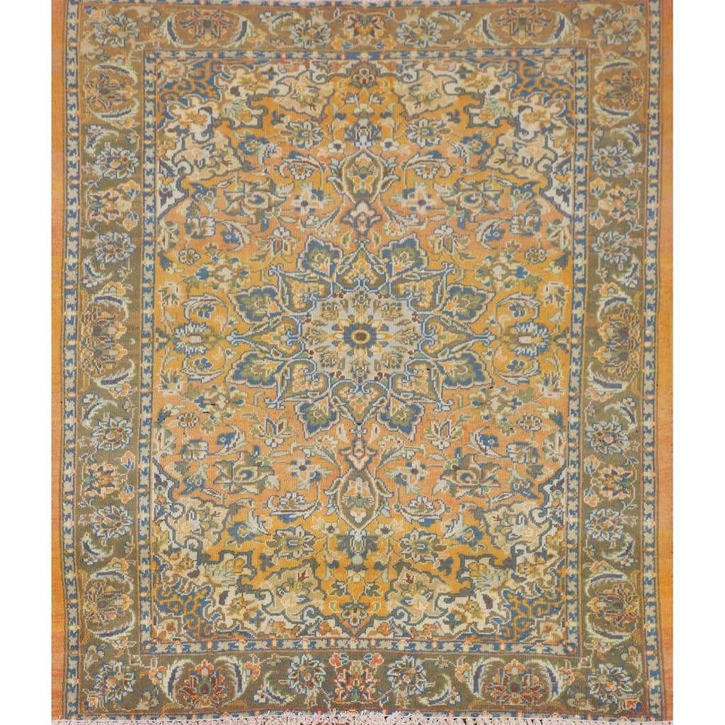 Floral Kashan Persian Vintage Area Rug Hand-Knotted Wool Carpet - 4'8" x 5'6"
