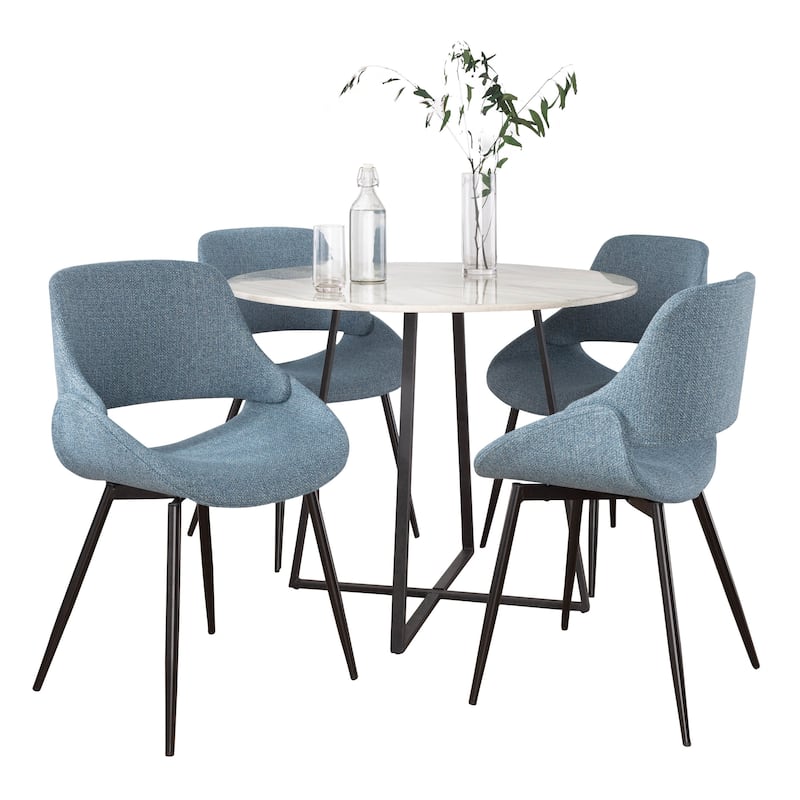 Cosmo-Fabrico Contemporary Dining Set In Black Metal, White Marble Tabletop And Blue Fabric By Lumisource - 5 Piece