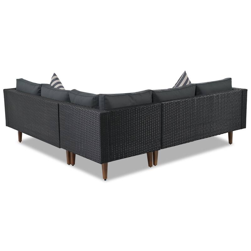 4-Pieces Outdoor Wicker L-Shaped Sectional Sofa Set with Coffee Table and Colorful Pillows