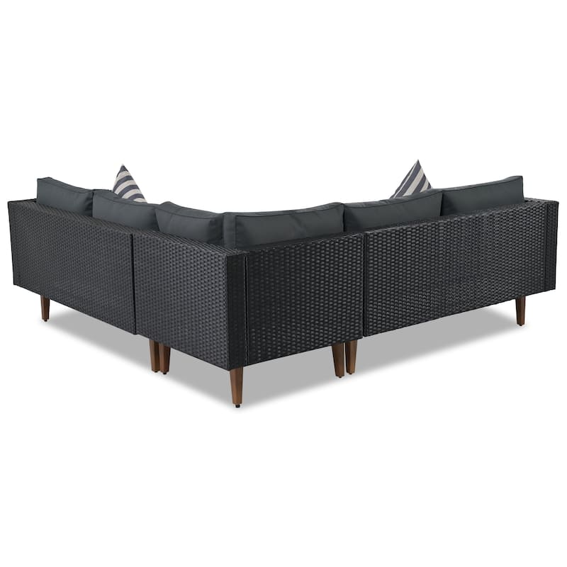 Roomfitters 4-Piece Outdoor Sectional Sofa Set with Glass Coffee Table, Tapered Wood Legs Rattan Furniture, Black+Gray