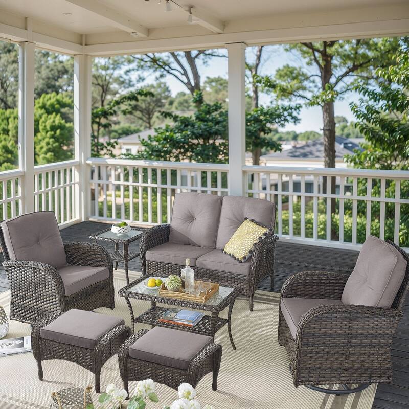 Outdoor Loveseat Sofa Patio Ottomans with Swivel Chairs - Brown - Grey