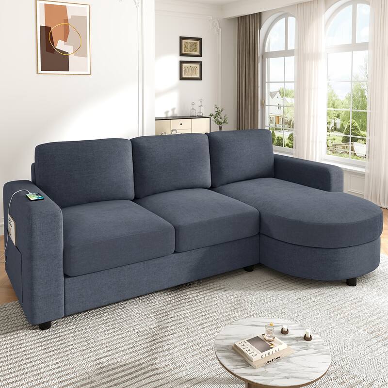 Modern L-Shaped Sofa with Curved Chaise, USB Charging Ports & Storage Pockets for Small Space
