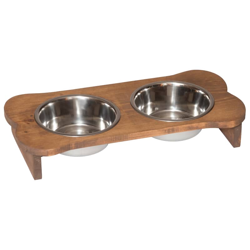 Amish Made Pine Bone-Shaped Dog Dish - Modern Walnut Stain - Low Feeder