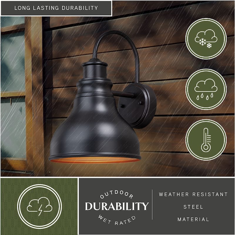 Delano 1 Light Dusk to Dawn Bronze Gold Farmhouse Barn Dome Outdoor Wall Lantern - 9-in W x 13-in H x 11-in D