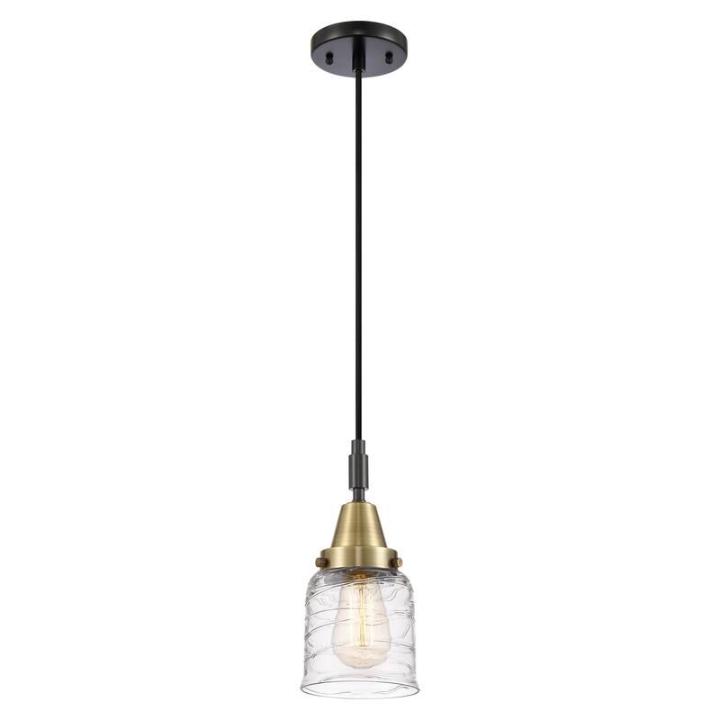Innovations Lighting Downtown Urban - Caden Bell - 1 Light 5" Cord Hung Mini Pendant - Clear Deco Swirl Shade/Black Antique Brass