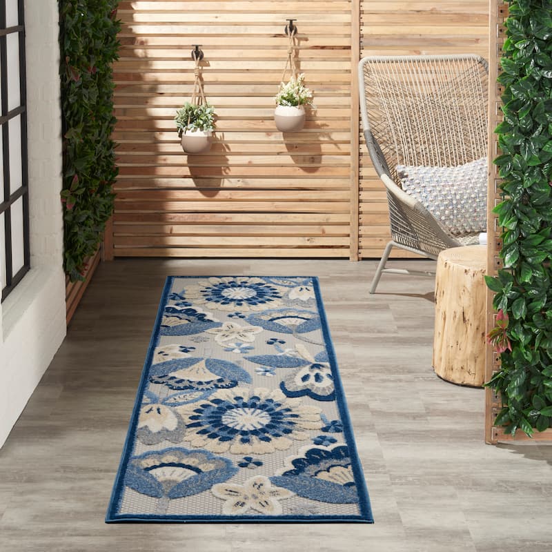 Nourison Aloha Scandinavian Floral Indoor/Outdoor Area Rug - 2'3" x 10' Runner - Blue/Grey