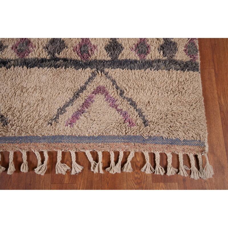 Geometric Plush Moroccan Area Rug Handmade Beige Wool Carpet - 6'9" x 10'4"