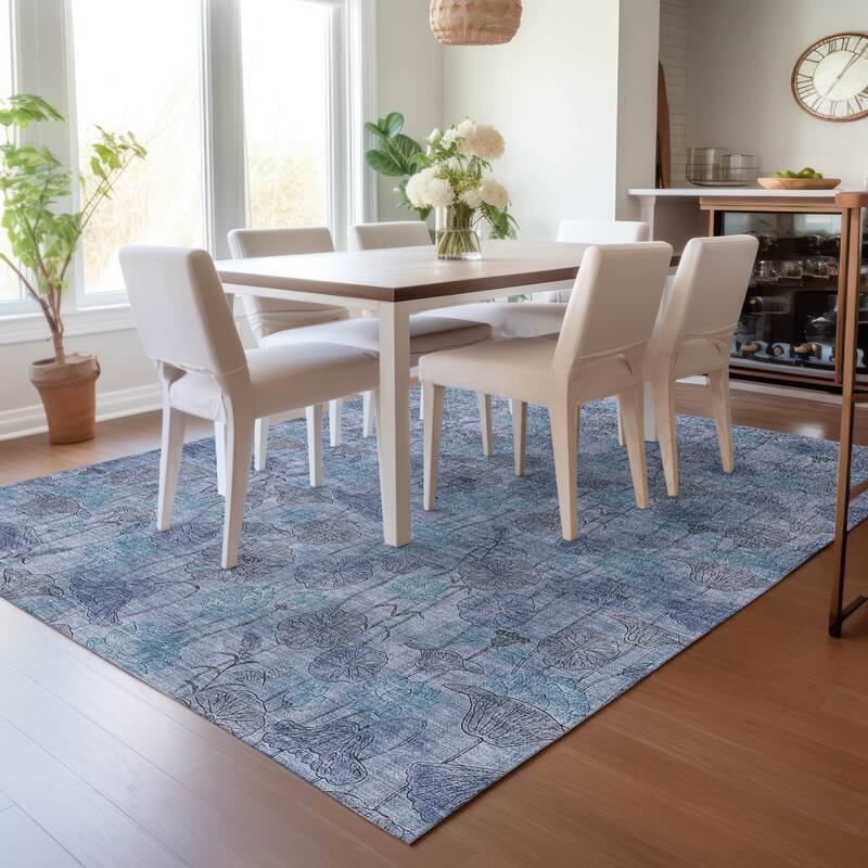 Machine Washable Indoor/Outdoor Modern Floral Chantille Rug