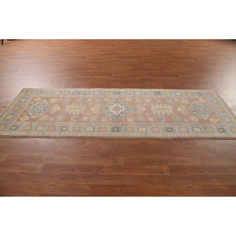 Geometric Brown Kazak Runner Rug Handmade Wool Carpet - 2'10" x 8'4"