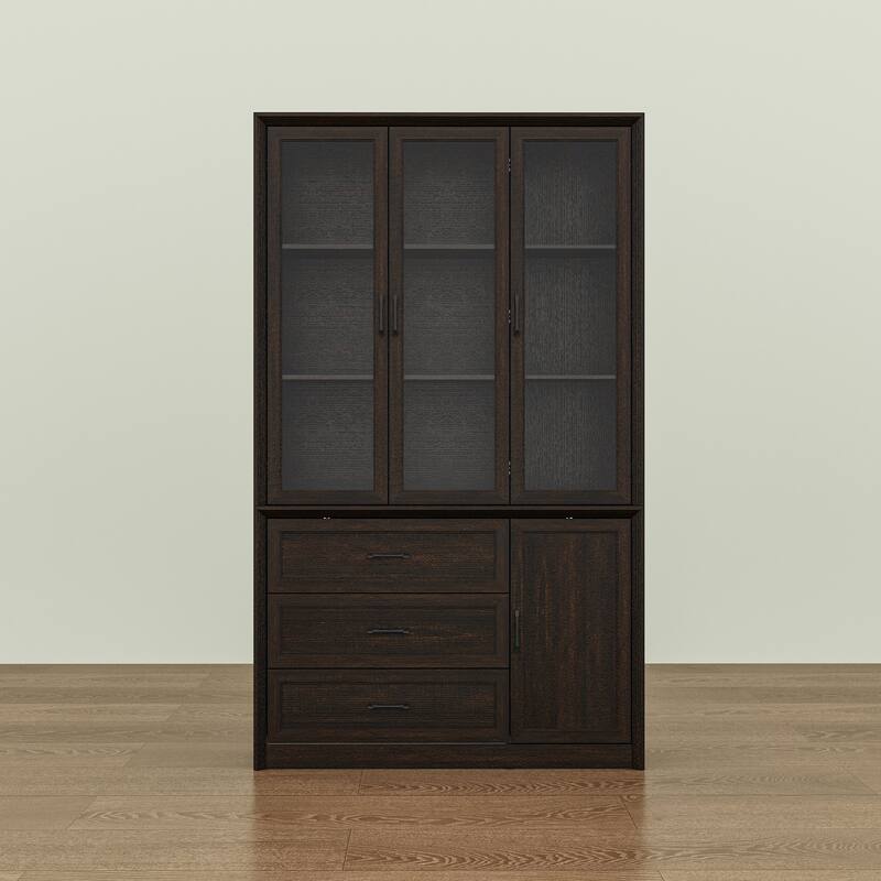 79.6"H Display Bookcase Pantry Cabinet Sideboard with Tempered Glass Doors White/Brown