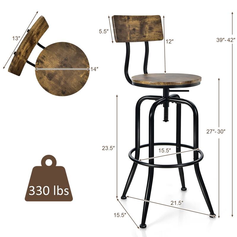 Set of 2 Rustic Brown Adjustable Swivel Bar Stools with Backrest and Black Metal Frame Footrest