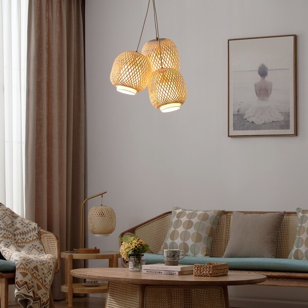 Fos Natural Woven Bamboo 3 Light Pendant with Linen Shade and Brushed Brass Stand Adjustable Height 28.7 x 18.5 Bed Bath Beyond 41593138