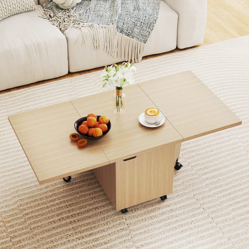 Folding Coffee Table with Storage Cabinet Expandable Living Room Table on Wheels with Quick Folding Top - 48" x 24" x 18"