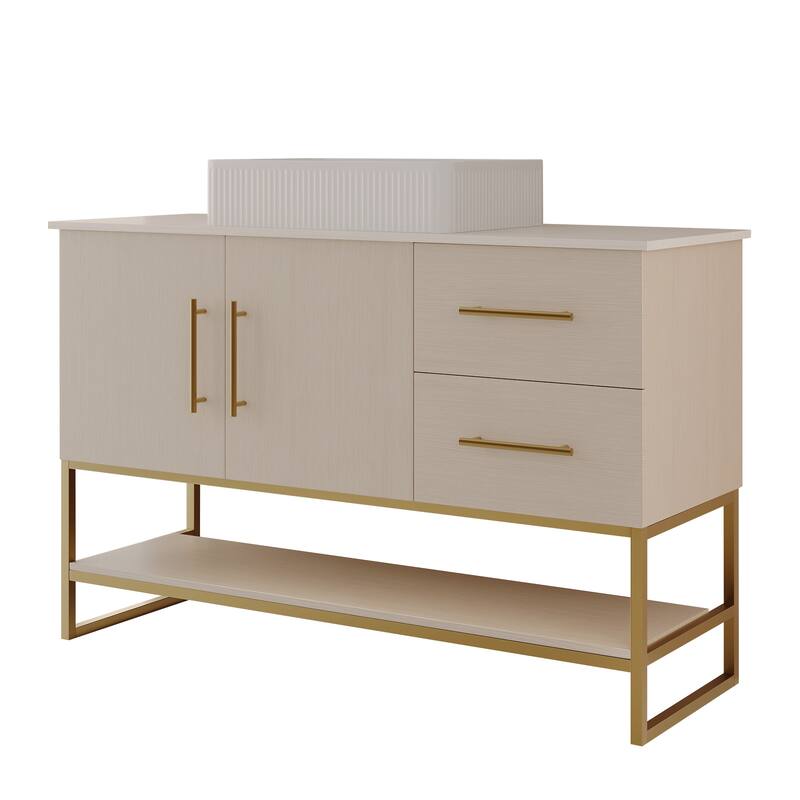 47.2" Modern Bathroom Vanity with Ceramic Vessel Sink, Gold Accent Free Standing Cabinet