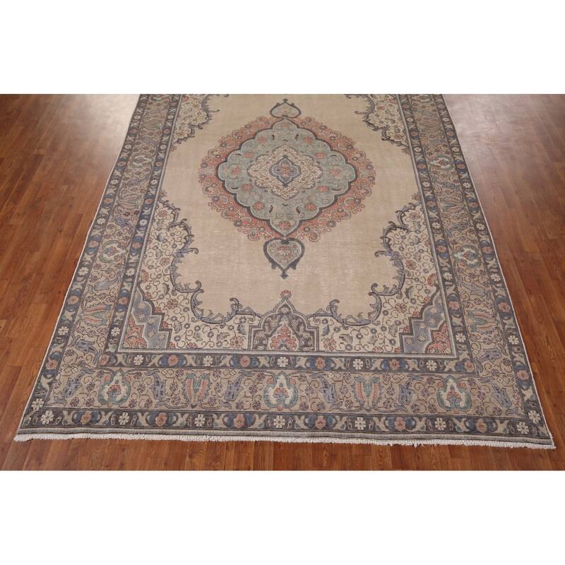 Distressed Tabriz Persian Vintage Area Rug Handmade Beige Wool Carpet - 7'10" x 11'1"